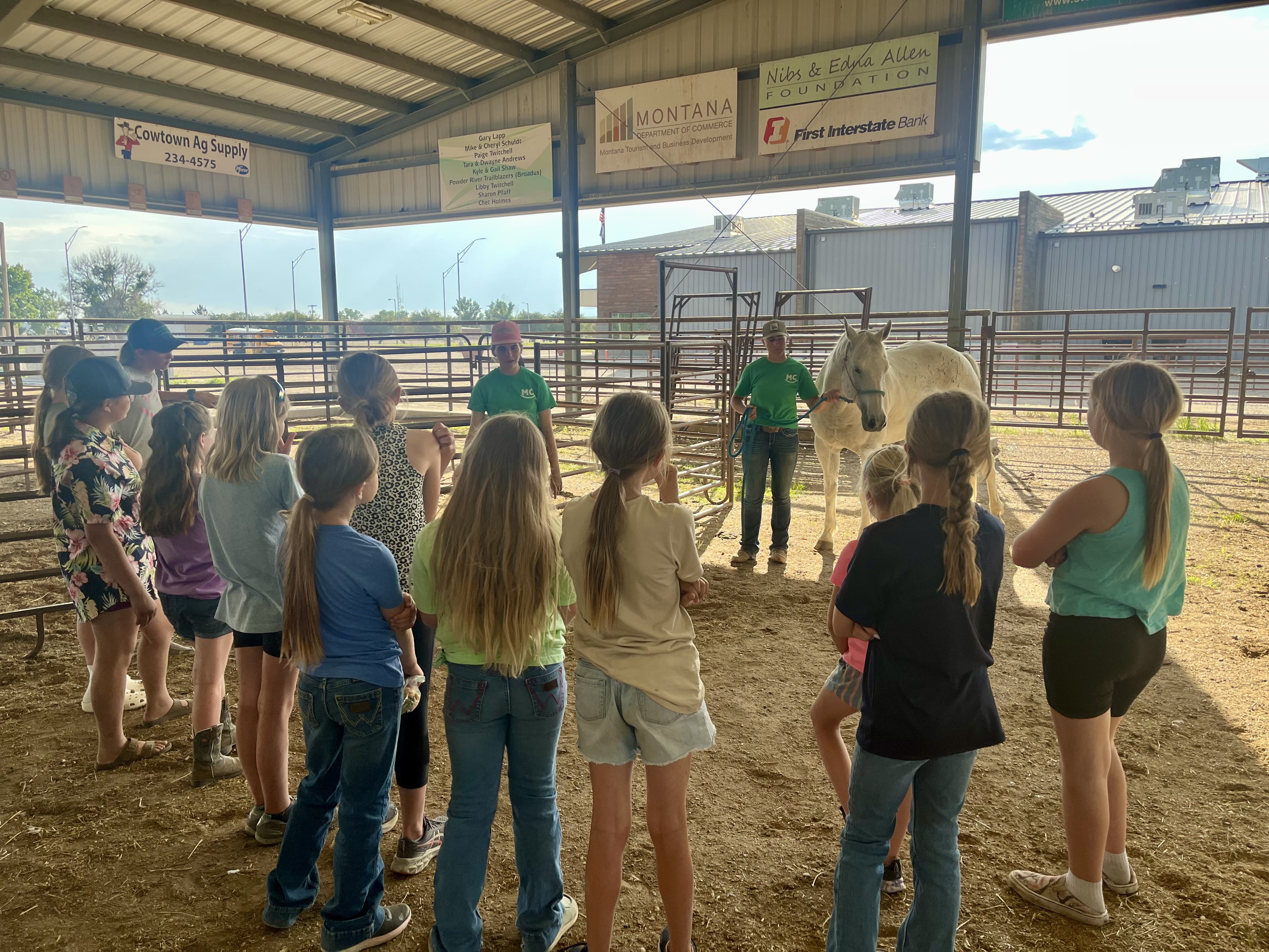Custer County Teen Leaders walking group through horse show prep 